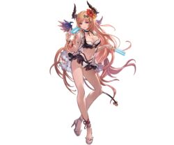  bikini blonde_hair breasts choker cleavage crossed_legs dark_angel_olivia dual_wielding female flower food full_body granblue_fantasy hair_flower hair_ornament hibiscus high_heels holding horns long_hair looking_at_viewer medium_breasts minaba_hideo navel official_art olivia_(summer)_(granblue_fantasy) popsicle red_eyes sandals shingeki_no_bahamut showgirl_skirt solo strappy_heels swimsuit toeless_footwear transparent_background very_long_hair wings 