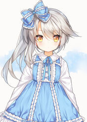  blue_bow blue_dress blue_ribbon blush bow brown_eyes closed_mouth collared_dress commentary_request dress female grey_background grey_hair hair_between_eyes hairbow long_hair long_sleeves looking_at_viewer neck_ribbon ning_hai_(warship_girls_r) ribbon ribbon-trimmed_bow ribbon-trimmed_dress shirt side_ponytail sleeveless sleeveless_dress solo tengxiang_lingnai warship_girls_r white_shirt 