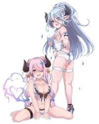  2girls absurdres ass bare_arms bare_shoulders barefoot bikini blue_bikini blue_eyes blue_hair blush braid breasts cleavage collarbone commentary_request draph eyes_visible_through_hair flower full_body granblue_fantasy hair_between_eyes hair_flower hair_ornament hair_over_one_eye hair_over_shoulder halterneck high_heels highleg highleg_bikini highres horns ice izmir izmir_(summer)_(granblue_fantasy) kneepits large_breasts layered_bikini light_purple_hair lips long_hair looking_at_viewer low_tied_hair mole mole_under_mouth multiple_girls narmaya_(granblue_fantasy) narmaya_(summer)_(granblue_fantasy) navel official_alternate_costume open_mouth pointy_ears ponytail red_eyes simple_background single_braid sitting skindentation sleeveless spicy_moo standing stomach swimsuit thigh_strap thighs very_long_hair wariza white_background white_bikini 