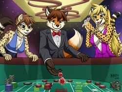  2018 5_fingers absurd_res alric_kyznetsov amber_eyes anthro big_breasts biped black_nose black_tie_(suit) blonde_hair bow_(feature) bow_tie bracelet breasts canid canine casino cheetah chest_tuft claws cleavage clothed clothing craps curvy_figure d6 dice digital_drawing_(artwork) digital_media_(artwork) dress english_text eyebrows eyelashes felid feline female fingers fox fully_clothed fur gambling gaming gem group hair heresy_(artist) hi_res hybrid jewelry kora_brandis long_hair male mammal markings mihari multicolored_body multicolored_fur necklace open_mouth orange_body orange_fur pantherine pearl_(gem) poker_chip purple_clothing purple_dress red_fox side_boob sideless_dress smile snow_leopard spots spotted_body spotted_fur standing suit teeth text throwing tongue true_fox tuft two_tone_body two_tone_fur voluptuous white_body white_claws white_fur yellow_body yellow_fur 