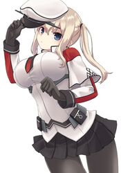  black_gloves black_pantyhose black_skirt blonde_hair blue_eyes breasts capelet closed_mouth commentary_request cross female gloves graf_zeppelin_(kancolle) hair_between_eyes hat highres holding holding_clothes holding_hat iron_cross kantai_collection large_breasts long_hair long_sleeves looking_at_viewer military military_hat military_uniform nameko_houshi necktie pantyhose peaked_cap pleated_skirt sidelocks simple_background skirt solo thighs twintails uniform white_background 