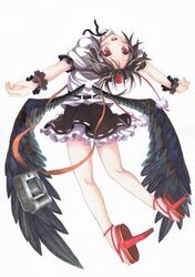  bird_wings black_hair black_wings calligraphy_brush_(medium) camera commentary_request feathers female full_body geta hat hat_ribbon kittona looking_at_viewer millipen_(medium) open_mouth outstretched_arms pom_pom_(clothes) puffy_short_sleeves puffy_sleeves ribbon shameimaru_aya shirt short_sleeves skirt smile solo tokin_hat touhou traditional_media watercolor_pencil_(medium) white_background wings wrist_cuffs 