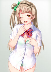  ;d blush bow bowtie bra breasts brown_hair cleavage collared_shirt commentary_request cowboy_shot female green_bow green_bra green_panties grey_background hairbow highres long_hair looking_at_viewer love_live! love_live!_school_idol_project medium_breasts minami_kotori no_pants one_eye_closed one_side_up open_mouth otonokizaka_school_uniform panties red_bow red_bowtie rokko school_uniform shirt short_sleeves simple_background smile solo standing striped_bow striped_bowtie striped_clothes summer_uniform thigh_gap underwear white_shirt yellow_eyes 