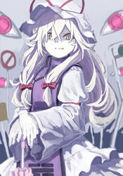  closed_umbrella commentary_request dress female flat_chest hair_between_eyes hat hat_ribbon long_hair long_sleeves mob_cap nurupo_(abooon) photoshop_(medium) pink_eyes pose ribbon shaded_face sidelocks sign slit_pupils solo tabard touhou umbrella white_dress white_hair yakumo_yukari yellow_eyes 