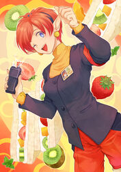  armband bike_shorts blue_eyes breasts chisato_madison commentary_request earrings female food fruit hairband hamura_yuuki id_card jewelry kiwi_(fruit) one_eye_closed pointy_ears red_armband red_hair red_shorts reporter short_hair shorts smile solo star_ocean star_ocean_the_second_story stun_gun 