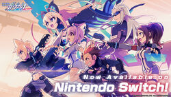  3boys 3girls ahoge asimov_(gunvolt) azure_striker_gunvolt black_gloves blonde_hair bodysuit brown_hair butterfly_hair_ornament detached_sleeves english_text fingerless_gloves gino_(gunvolt) gloves gun gunvolt hair_ornament hatakeyama_yoshitaka highres logo long_coat long_hair lumen_(gunvolt) mechanical_wings midriff monica_(gunvolt) multiple_boys multiple_girls official_art official_wallpaper pointing ponytail profile purple_eyes purple_hair spiked_hair sunglasses watermark weapon wings 