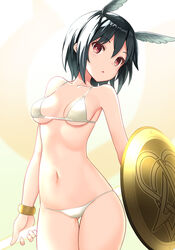  :o ass_visible_through_thighs bell_(oppore_coppore) bikini black_hair bracelet breasts bright_pupils collarbone commentary_request fate/grand_order fate_(series) female hair_between_eyes head_wings highres holding holding_polearm holding_shield holding_weapon jewelry medium_breasts navel ortlinde_(fate) polearm red_eyes shield short_hair solo spear standing swimsuit thighs valkyrie_(fate) weapon white_bikini wings 