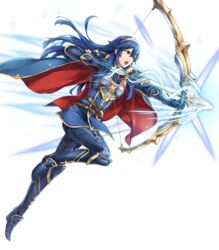  aiming armor armored_boots arrow_(projectile) belt blue_eyes blue_hair boots bow_(weapon) breastplate cape female fire_emblem fire_emblem_awakening fire_emblem_heroes full_body gauntlets highres holding holding_bow_(weapon) holding_weapon jewelry long_hair looking_away lucina_(fire_emblem) lucina_(glorious_archer)_(fire_emblem) non-web_source official_art open_mouth shoulder_armor shoulder_pads solo transparent_background weapon yamada_koutarou 