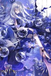  air_bubble birdcage blue_dress bubble cage closed_mouth commentary dress female floating_hair from_side hair_ornament hairclip high_heels highres long_hair original pennant sidelocks sitting solo star_(symbol) symbol-only_commentary tsugutoku very_long_hair wind_chime 