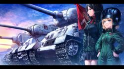  2girls black_hair blonde_hair blue_eyes commentary_request emblem girls_und_panzer green_jacket helmet is-2 jacket katyusha_(girls_und_panzer) kv-2 letterboxed long_hair long_sleeves military military_uniform military_vehicle miniskirt motor_vehicle multiple_girls nonna_(girls_und_panzer) oyu_udon pleated_skirt pravda_(emblem) pravda_military_uniform red_shirt shirt short_hair skirt t-34 tank tank_helmet turtleneck uniform 