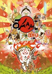  6+boys 6+girls absurdres amaterasu_(ookami) beard breasts canine cherry_blossoms cleavage copyright_name everyone facial_hair flower glowing glowing_sword glowing_weapon grass helmet highres himiko_(ookami) huge_breasts issun japanese_clothes kaguya_(ookami) kimono kushi lika logo looking_at_viewer markings mask mr_orange multiple_boys multiple_girls official_art okami okikurumi_(ookami) petals photoshop_(medium) plant running sakuya_(ookami) sun susanoo_(ookami) sword tree tsuzurao ushiwakamaru_(ookami) weapon wolf 