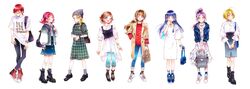  6+girls ;d ;p absurdres ahoge alternate_costume amanogawa_kirara aoki_reika backpack bag beanie blonde_hair blue_eyes blue_hair blunt_bangs boots braid brown_hair casual choker closed_eyes commentary_request denim denim_jacket denim_skirt dress earrings fashion futari_wa_precure futari_wa_precure_max_heart futari_wa_precure_splash_star glasses go!_princess_precure green_eyes hair_bun hair_ornament handbag haruno_haruka hat high_heels highres holding_strap hugtto!_precure in-franchise_crossover jacket jeans jewelry kagayaki_homare kenjou_akira kirakira_precure_a_la_mode kujou_hikari long_coat long_hair long_sleeves looking_at_viewer marker_(medium) mikan_(mikataaaa) mishou_mai multiple_girls necklace nono_hana one_eye_closed open_mouth pants pants_under_dress pearl_earrings pink_eyes pink_hair precure purple_eyes purple_hair red_hair shirt shoes short_hair short_sleeves simple_background single_hair_bun skin_tight skirt smile smile_precure sneakers socks sweater t-shirt tongue tongue_out traditional_media watch white_background wristwatch x_hair_ornament yellow_eyes 