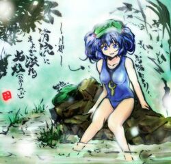  blue_eyes blue_hair commentary_request female haiku hair_bobbles hair_ornament kawashiro_nitori key one-piece_swimsuit poem rock school_swimsuit short_hair sitting soaking_feet solo swimsuit touhou translation_request twintails two_side_up umarutsufuri water 