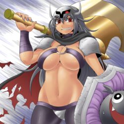  armor axe breasts cape death-adder female golden_axe grey_hair grin helmet kara_age large_breasts long_hair m.u.g.e.n midnight_bliss nail_polish navel red_eyes rule_63 shield smile torn_clothes weapon 