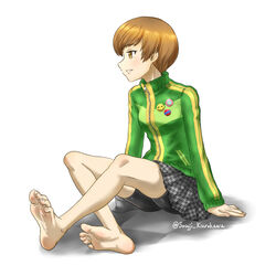  bad_id bad_pixiv_id barefoot bike_shorts blush brown_hair feet female full_body green_jacket highres jacket persona persona_4 satonaka_chie short_hair skirt soles solo souji_kurokawa toes track_jacket 