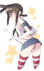  ass bad_id bad_pixiv_id black_hair black_panties blue_eyes cosplay elbow_gloves female flying_sweatdrops fubuki_(kancolle) gloves highleg highleg_panties kantai_collection kuuga_(cf) looking_back panties panty_lift pantyshot photoshop_(medium) pleated_skirt ponytail shimakaze_(kancolle) shimakaze_(kancolle)_(cosplay) skirt solo standing striped_clothes striped_thighhighs thighhighs thong underwear wedgie 