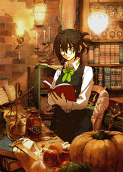  apple book bottle brown_hair candelabra candlestand female food fruit glasses green_eyes miyuu original pumpkin solo vest 