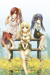  3girls ankle_ribbon apron barefoot blonde_hair blue_hair braid breasts brown_eyes choker cleavage commentary_request dress erza_scarlet fairy_tail feet flower frills hair_flower hair_ornament highres large_breasts leg_ribbon long_hair looking_at_viewer lucy_heartfilia midriff multiple_girls plaid plaid_dress ponytail red_hair ribbon ribbon_choker shorts single_strap single_thighhigh sitting skirt smile strib_und_werde striped_clothes striped_thighhighs tattoo thighhighs toes twintails vertical-striped_clothes vertical-striped_thighhighs wendy_marvell wrist_ribbon 