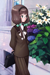  bad_id bad_pixiv_id bag briefcase brown_hair female flower glasses green_eyes hair_ornament hair_ribbon headband hsdrj999 hydrangea leaf ribbon school_bag school_briefcase school_uniform selector_wixoss skirt smile solo uemura_hitoe wixoss 