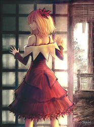  aki_shizuha back bare_shoulders blonde_hair chinese_commentary commentary_request dress female hair_ornament leaf looking_back photoshop_(medium) red_eyes robce_lee short_hair smile solo strap touhou 