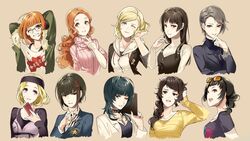  6+girls alternate_hair_length alternate_hairstyle bad_id bad_twitter_id behind-the-head_headphones black_hair black_vest blonde_hair blush braid commentary crown_braid english_commentary fur-trimmed_jacket fur_trim glasses green_jacket hair_focus halterneck headphones highres jacket kawakami_sadayo kosei_high_school_uniform long_hair looking_at_viewer mifune_chihaya minami_kazuki_(hanbee) multiple_girls niijima_makoto niijima_sae ohya_ichiko okumura_haru orange_hair persona persona_5 red_eyes sakura_futaba school_uniform short_hair shuujin_academy_school_uniform siblings simple_background sisters smile takamaki_anne takemi_tae tougou_hifumi vest 