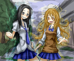  2girls aura black_eyes black_hair blonde_hair blue_skirt bow bowtie brown_eyes commentary_request coppelion hand_on_own_hip long_hair multiple_girls necktie ozu_kanon ozu_shion photoshop_(medium) pleated_skirt ray-k shirt short_sleeves siblings sisters skirt sleeves_rolled_up sweater_vest tree white_shirt 