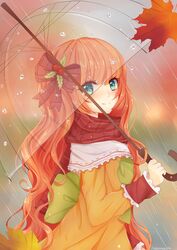  absurdres artist_name autumn autumn_leaves bad_deviantart_id bad_id borrowed_character bow commentary female green_eyes hairbow highres leaf looking_at_viewer maple_leaf naomochii orange_hair original rain see-through smile solo umbrella water_drop wrist_cuffs 