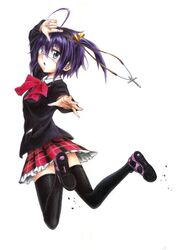  :o absurdres ahoge aruchan black_hair black_thighhighs blazer blue_eyes bow chuunibyou_demo_koi_ga_shitai! colored_pencil_(medium) commentary_request cross eyepatch female from_behind heelys highres icho_private_high_school_uniform jacket looking_back medical_eyepatch one_side_up open_mouth plaid plaid_skirt school_uniform shoes short_hair skirt solo takanashi_rikka thighhighs traditional_media zettai_ryouiki 