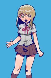  132_(asaka) blonde_hair blue_background blush_stickers brown_eyes commentary danganronpa_(series) danganronpa_2:_goodbye_despair female highres hope&#039;s_peak_academy_school_uniform kneehighs kuzuryu_natsumi long_hair pleated_skirt ribbon school_uniform simple_background skirt smile socks solo symbol-only_commentary 