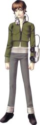  1boy brown_hair computer full_body headgear highres jacket kazuma_kaneko kazuya_(megami_tensei) male_focus official_art shin_megami_tensei shin_megami_tensei_i shoes sneakers solo transparent_background 