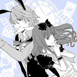  1boy ace_(playing_card) alice_(alice_in_wonderland) alice_(alice_in_wonderland)_(cosplay) alice_in_wonderland animal_ears ark41500 bad_id bad_pixiv_id blue_theme bow card clock cosplay female hairbow heart_card kamen_rider kamen_rider_fourze_(series) kemonomimi_mode long_hair monochrome nail_polish nozama_tomoko painttool_sai_(medium) playing_card rabbit_ears sakuta_ryuusei smile spade_(shape) tongue tongue_out white_rabbit_(alice_in_wonderland) white_rabbit_(alice_in_wonderland)_(cosplay) 