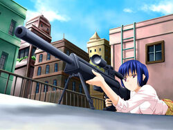  assassin_lesson_kioku_no_youin_shoujo blue_hair day daylight female game_cg gun h&amp;k_psg_1 outdoors rifle riflescope short_hair sky sniper sniper_rifle sniping solo weapon 