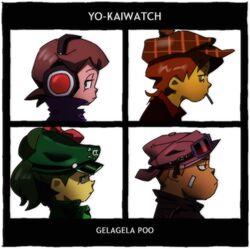  3boys album_cover album_cover_redraw amano_keita black_border border cigarette commentary_request cover demon_days_(gorillaz) derivative_work female goggles goggles_on_headwear gorillaz green_hair half-closed_eyes hat headphones imada_kanchi jipo_(myu-tata) kodama_fumika kumashima_gorouta long_hair mouth_hold multiple_boys parody ponytail profile romaji_text short_hair skull_and_crossbones white_background youkai_watch 