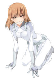  bodysuit brown_hair commentary_request female grey_bodysuit grin hands medium_hair misaka_worst photoshop_(medium) samuraig smile solo toaru_majutsu_no_index toaru_majutsu_no_index:_old_testament 