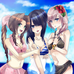  &eacute;clair_farron 3girls ;p aerith_gainsborough bikini blue_eyes blush brown_hair female final_fantasy final_fantasy_vii final_fantasy_viii final_fantasy_xiii green_eyes long_hair multiple_girls one_eye_closed pink_hair rinoa_heartilly sarong seasaltice13 smile swimsuit tongue tongue_out wink 