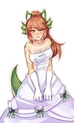  animal_ears brown_hair choker commentary_request dress elbow_gloves embarrassed female gloves hair_ribbon highres lizardman_(monster_girl_encyclopedia) long_hair monorus monster_girl monster_girl_encyclopedia ponytail reptile_girl ribbon solo v_arms wedding_dress white_gloves yellow_eyes 