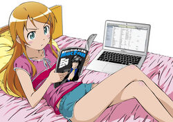  apple_inc. aqua_eyes bad_id bad_pixiv_id bed blonde_hair blue_hair blush computer death_note female hair_ornament hairclip highres itunes jeki kousaka_kirino laptop legs long_hair lying mac_fan mac_os macintosh magazine_(object) mikami_teru on_back orange_hair ore_no_imouto_ga_konna_ni_kawaii_wake_ga_nai photoshop_(medium) pillow reading short_shorts shorts solo third-party_edit 