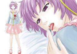  1boy eyeball female giant giantess hairband heart komeiji_satori manzi purple_hair short_hair third_eye tongue touhou 