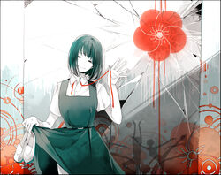  balleriko_(vocaloid) ballerina belt black_border black_hair bob_cut border closed_mouth clothes_lift collared_shirt colored_skin commentary cowboy_shot crack cracked_wall dancing dress dress_lift dress_shirt dripping female flat_chest flower hagi half-closed_eyes head_tilt holding holding_shoes looking_at_viewer neck_ribbon open_hand original pinafore_dress red_flower red_ribbon ribbon shirt shoes short_hair short_sleeves silhouette sleeveless sleeveless_dress solo spread_fingers untied unworn_shoes uwabaki vocaloid waving white_shirt white_skin 