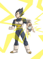  2boys armor baby bad_id bad_pixiv_id bib black_eyes black_hair boots clenched_teeth closed_eyes commentary_request crying dragon_ball dragon_ball_z father_and_son gloves hat highres holding male_focus multiple_boys open_mouth photoshop_(medium) saiyan_armor spiked_hair tears teeth trunks_(dragon_ball) uirina vegeta white_footwear white_gloves widow&#039;s_peak 