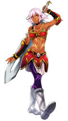  .hack// .hack//games armlet armor bare_shoulders bikini_armor black_rose_(.hack//) boots breasts choker commentary_request dark-skinned_female dark_skin female huge_weapon medium_breasts navel pantyhose photoshop_(medium) pink_hair pomepo red_eyes short_hair smile solo sword tattoo weapon 