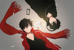  2boys bad_id bad_pixiv_id black_hair collarbone dual_persona earphones eunram flower hood hoodie jacket kagerou_project kisaragi_shintarou loss_time_memory_(vocaloid) multiple_boys phone photoshop_(medium) scarf 