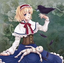  album_cover alice_margatroid animal bird bird_on_hand blonde_hair blue_eyes bodice capelet commentary_request corset cover crow doll doll_joints dress eyeball feathers female fingernails floral_background flower green_background hairband hand_up joints lolita_hairband long_sleeves mitsucho open_mouth photoshop_(medium) ribbon rose short_hair sitting solo speaklow touhou 