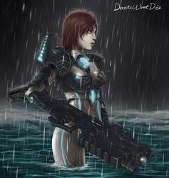  bodysuit dantewontdie female gloves gun rain red_hair sarah_kerrigan short_hair skin_tight solo starcraft water wet 