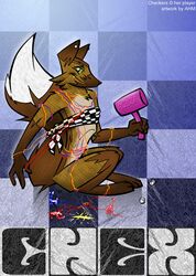  andrew_murphy-mee anthro candy canid canine checkers cross_fox dessert digital_drawing_(artwork) digital_media_(artwork) female food fox hammer hi_res mammal marshmallow red_fox solo string tools true_fox 