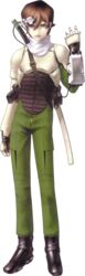  1boy armor brown_hair computer gun headgear highres holster katana kazuma_kaneko kazuya_(megami_tensei) male_focus official_art shin_megami_tensei shin_megami_tensei_i solo sword weapon 