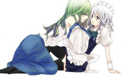  2girls arm_support bad_id bad_pixiv_id black_thighhighs blue_eyes braid commentary_request comrade_stalin detached_sleeves green_eyes green_hair hair_ribbon izayoi_sakuya kochiya_sanae maid maid_headdress multiple_girls photoshop_(medium) ribbon thighhighs touhou white_hair yuri 