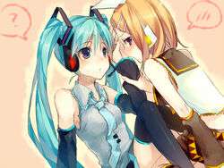  2girls aobara commentary_request detached_sleeves hair_ornament hairclip hatsune_miku headset kagamine_rin long_hair multiple_girls necktie thighhighs vocaloid yuri 