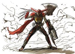  axe commentary_request crossover getter-1 getter_robo kamen_rider kamen_rider_ooo kamen_rider_ooo_(series) kurita_shin&#039;ichi no_humans parody weapon 