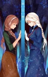  2girls anna_(frozen) artist_request blonde_hair braid closed_eyes door elsa_(frozen) frozen_(disney) gloves multiple_girls orange_hair sad separated siblings single_braid sisters snowflakes twin_braids wall_cross-section 